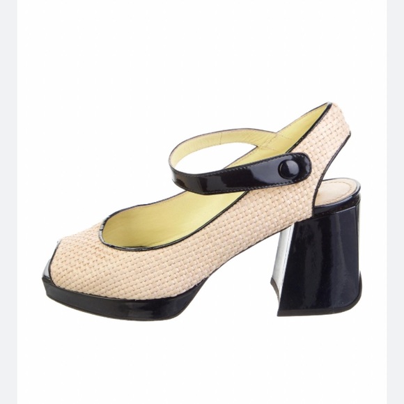 Pollini Shoes - Pollini Raffia Slingback Pumps Open Toe, Woven Neutral w/Black Heel; Size: 9.5